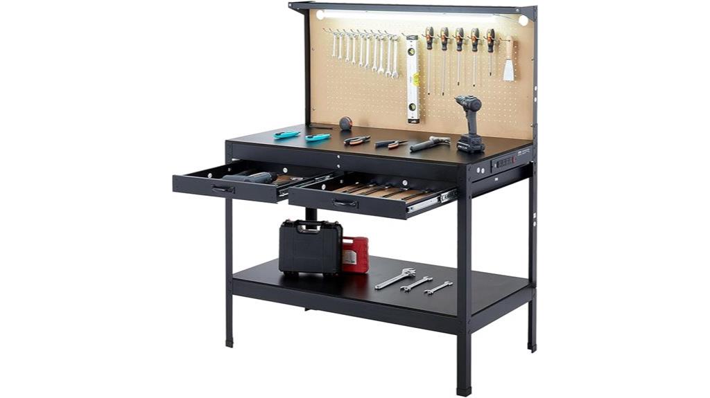 wooden workbench with outlets