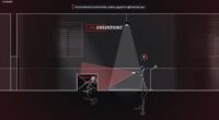 Film-noir stealth scene: a thief hiding behind a crate while a guard sweeps a flashlight cone